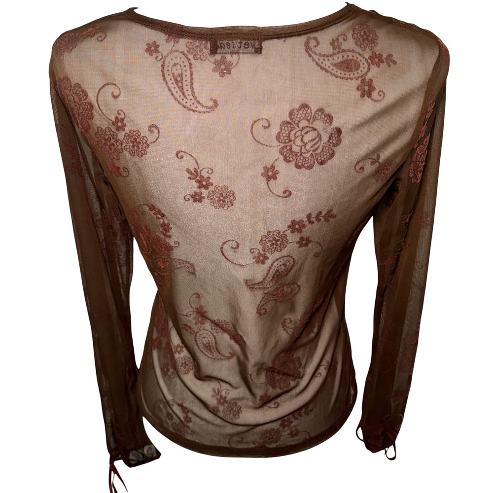 Y2K Wet Seal Brown Sheer Mesh Paisley Floral Tie Cuff Top L Fairy Ethereal - Picture 7 of 10